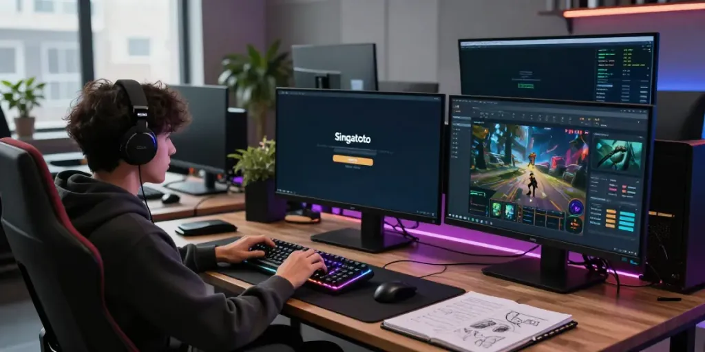 Engaged gamer focused on Singatoto login page in high-tech workspace, dynamic gaming setup