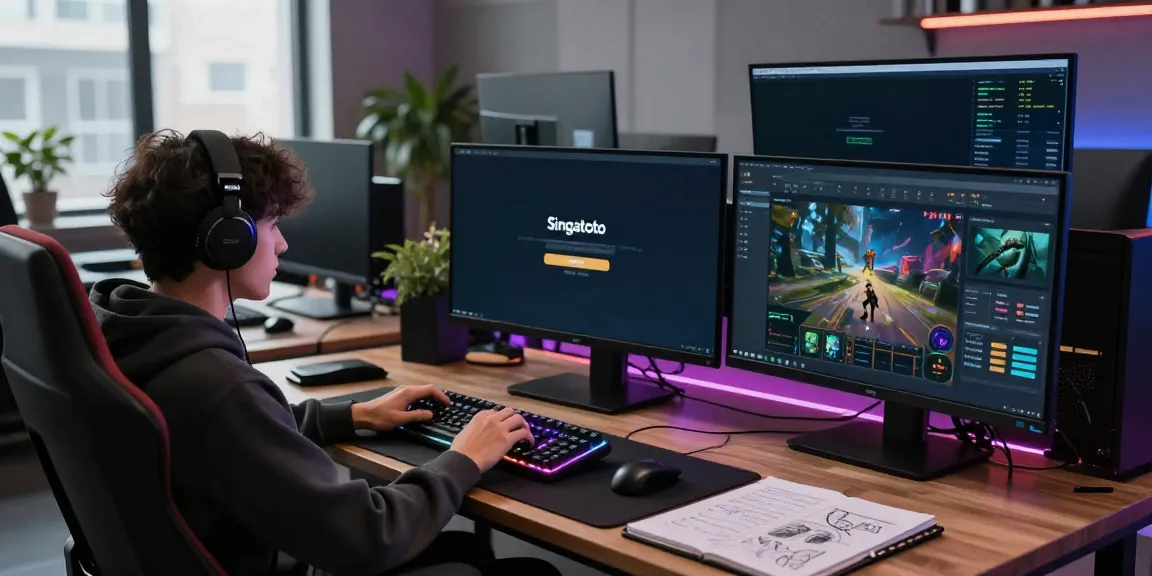 Engaged gamer focused on Singatoto login page in high-tech workspace, dynamic gaming setup
