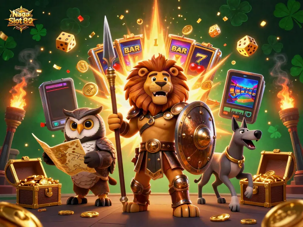 Naga Slot 88 showcases a heroic Spartan lion and owl strategist amid casino symbols and jackpot excitement.