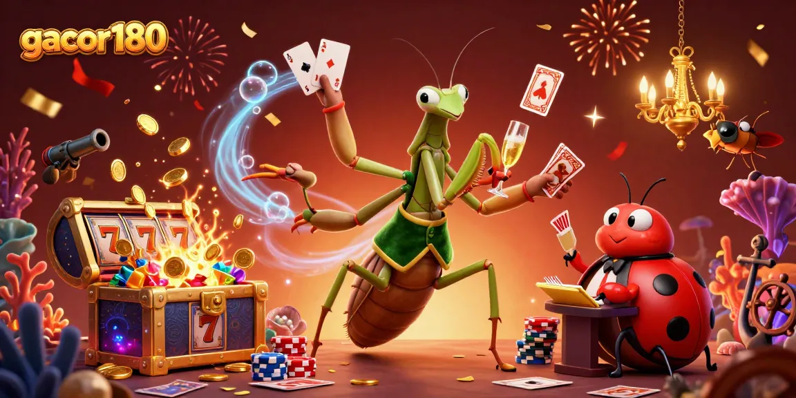 Gacor180 menyajikan kemenangan dengan slot reel dan kartu dalam ilustrasi kasino yang meriah.