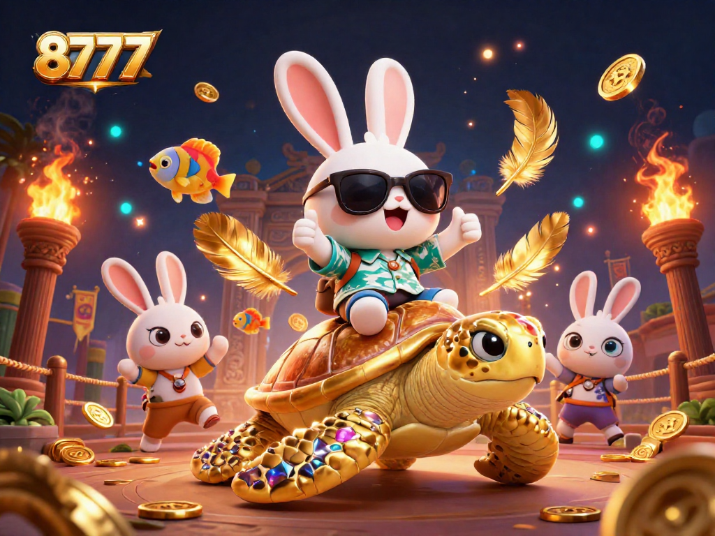 Experience winning with 8777 as a lucky rabbit rides a gem-encrusted turtle amidst vibrant casino elements.