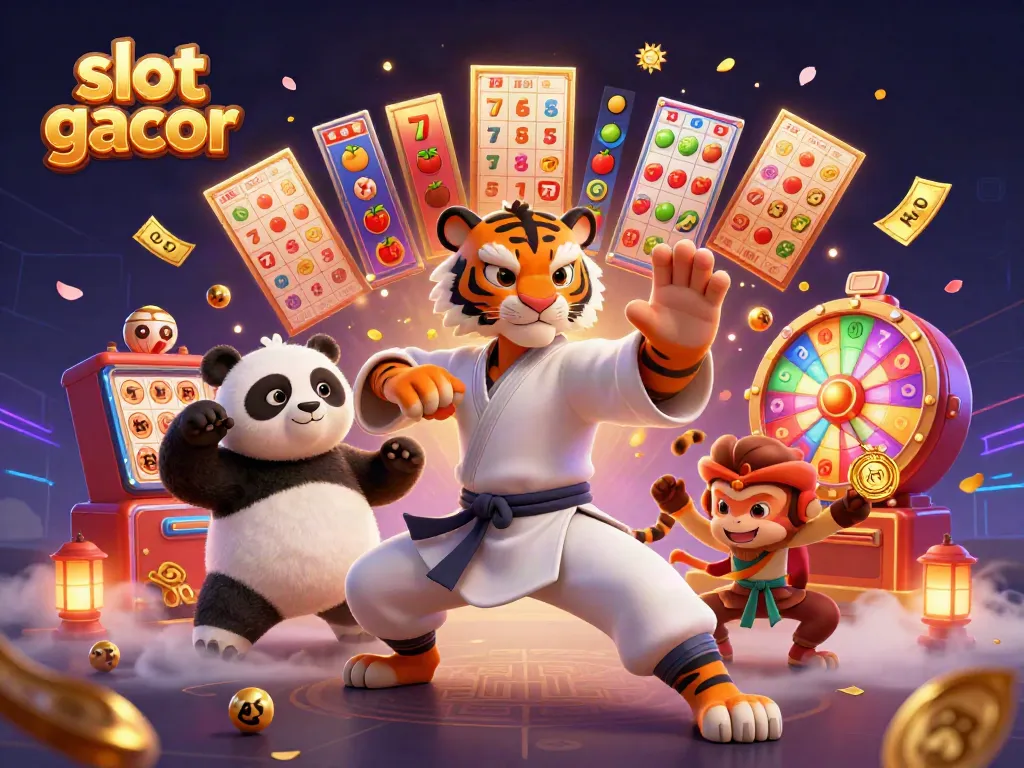 Experience the thrill of slot gacor with a kung fu tiger master, panda disciple, and monkey student in an exciting casino scene.