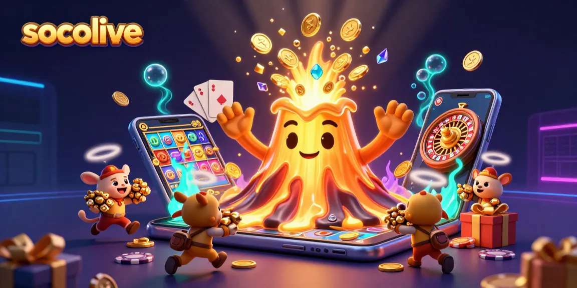 Socolive showcases thrilling casino experiences with colorful slots, coins, and dynamic characters.