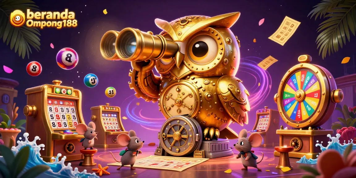 Gambarkan beranda Ompong188 dengan burung hantu emas di casino, dikelilingi bola lotere berwarna-warni.