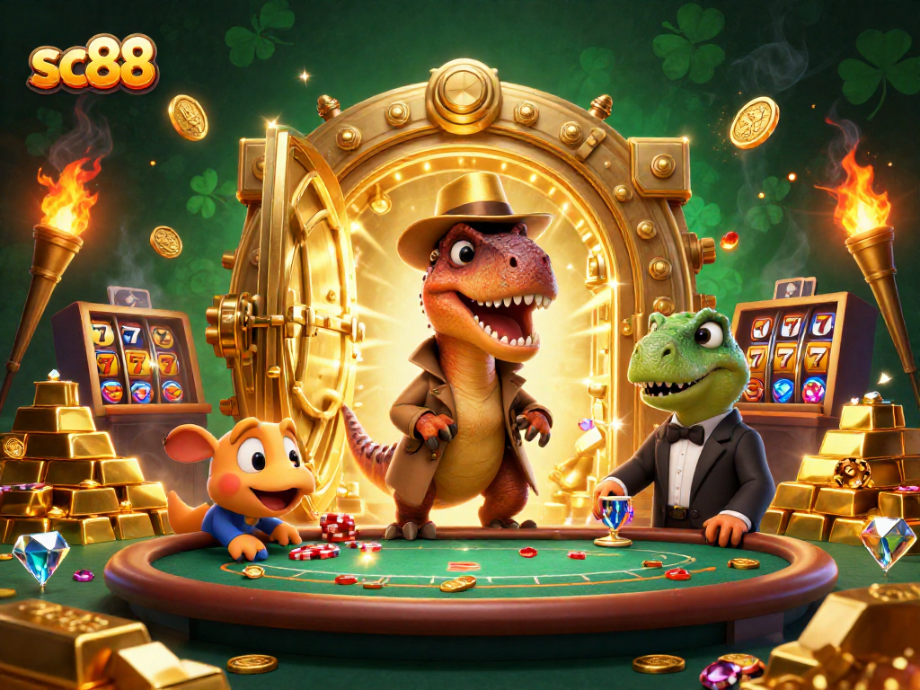 sc88 velociraptor card counter at a vibrant casino table, amidst glittering treasures