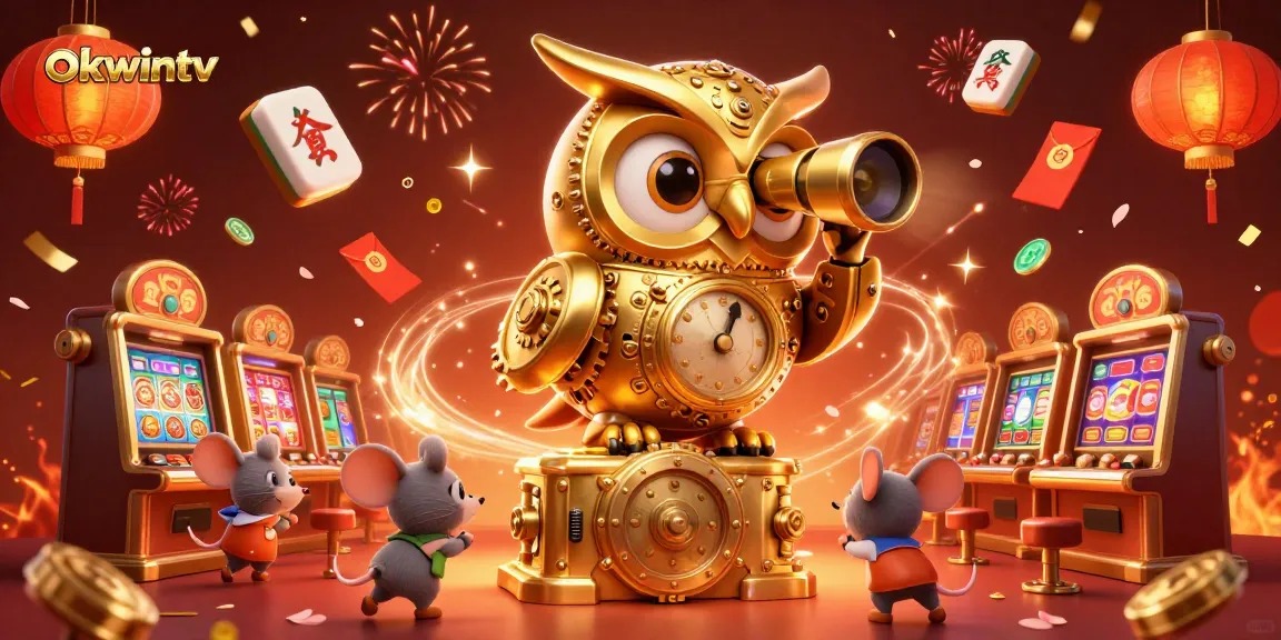 Experience the excitement of okwintv with a vibrant 3D scene featuring a whimsical clockwork owl and delightful gaming elements.