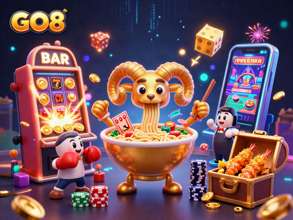 GO8's dynamic casino scene featuring a golden ramen bowl dealer, vibrant slots, and exciting game elements.