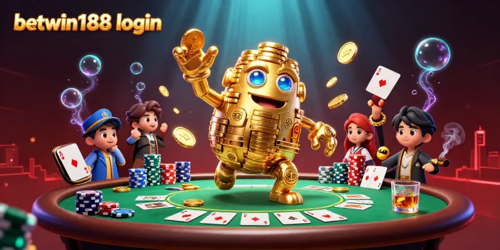 Permainan taruhan judi di betwin188 login dengan tampilan golem emas dan meja poker.