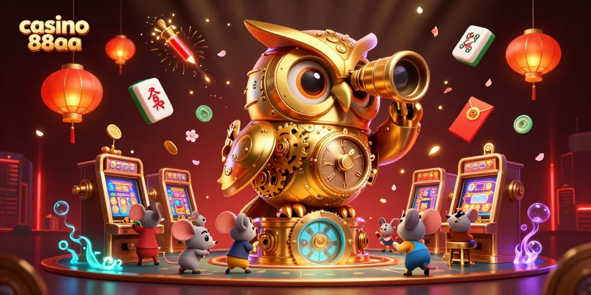 Casino 88AA features a captivating 3D scene with a golden clockwork owl and vibrant game elements.