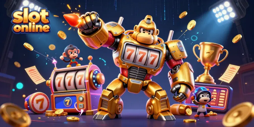 Engage in thrilling slot online adventures with our golden gorilla mech and dynamic game elements.