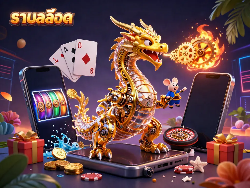 Experience the excitement of รวมสล็อต as a golden dragon unleashes gears in an immersive casino scene.