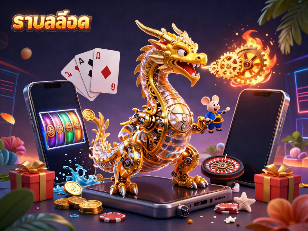 Experience the excitement of รวมสล็อต as a golden dragon unleashes gears in an immersive casino scene.