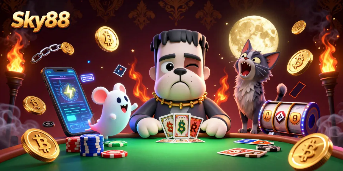 Engage with Sky88's thrilling casino experience featuring a whimsical 3D illustration of a bulldog monster dealer.