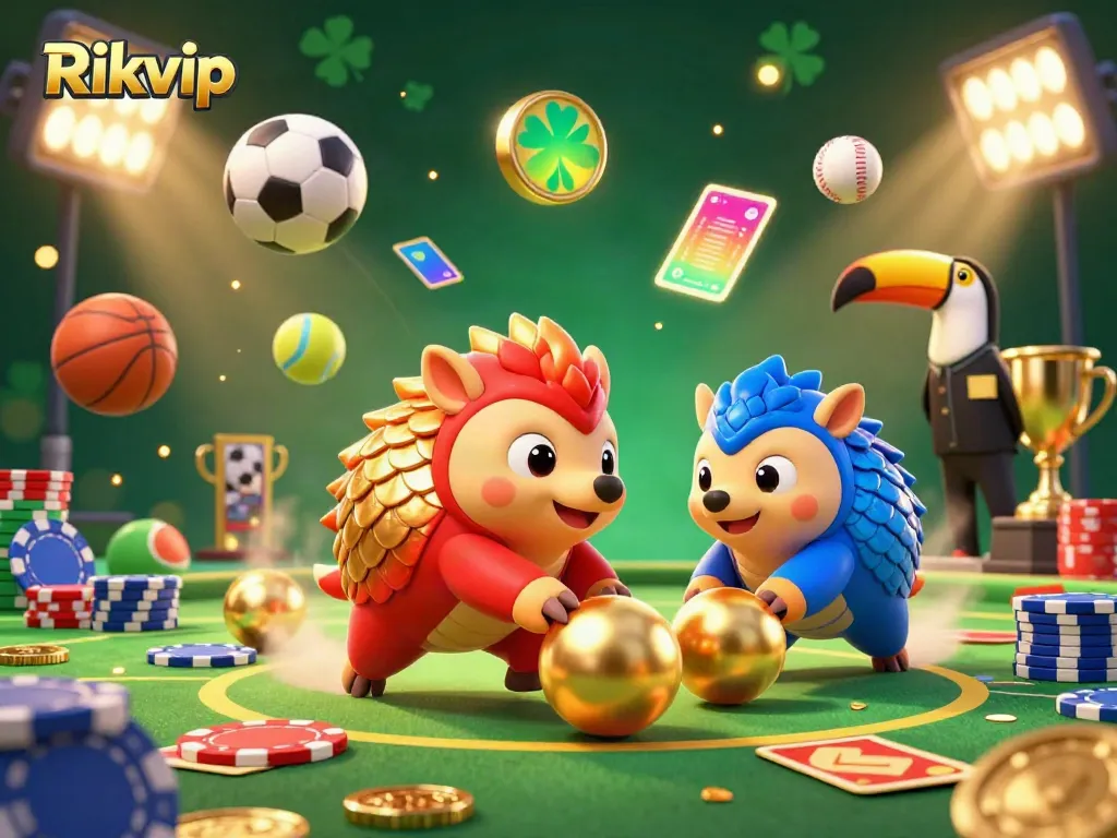 Witness the dynamic rivalry as pangolins roll golden balls in the thrilling Rikvip gaming arena.