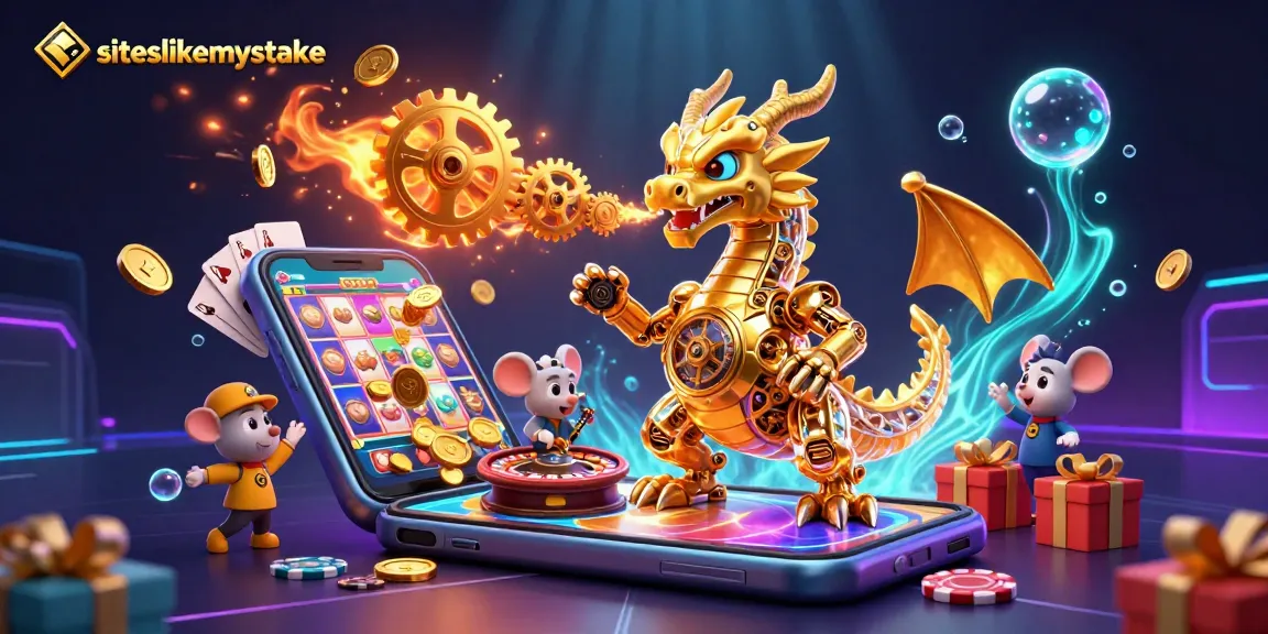 Engage with the siteslikemystake gaming experience, featuring a golden dragon, slot games, and exhilarating casino elements.