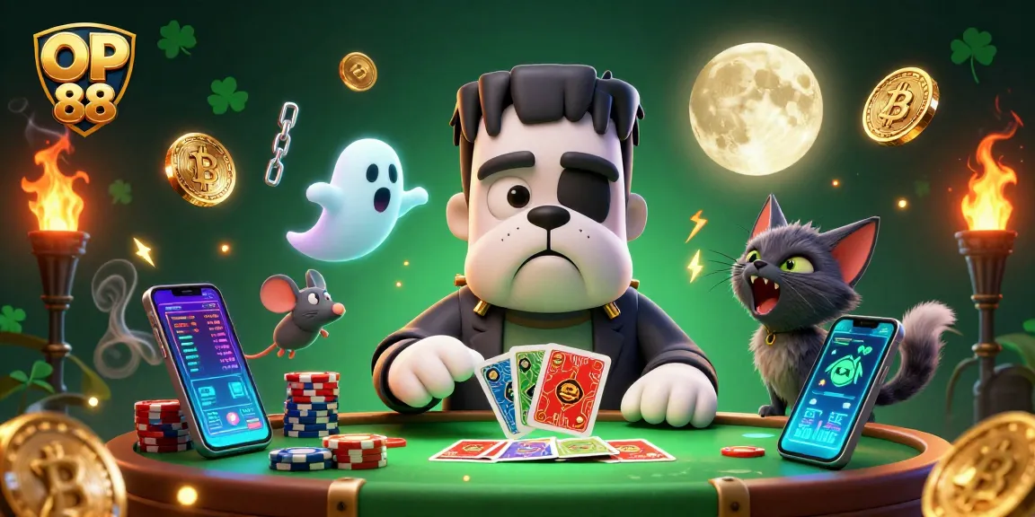 Engage with OP 88 as a Frankenstein bulldog monster deals cards in a spooky casino atmosphere.