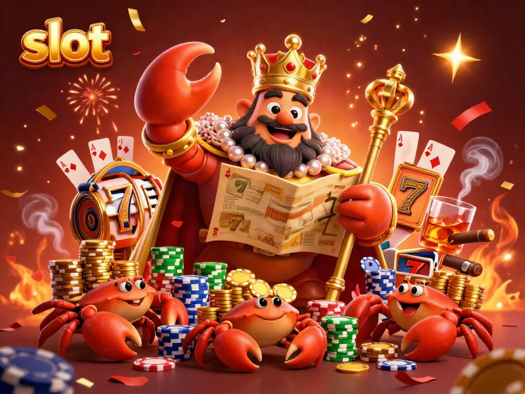 Engage in thrilling slot gaming with the golden crab emperor overseeing a colorful casino scene filled with excitement.
