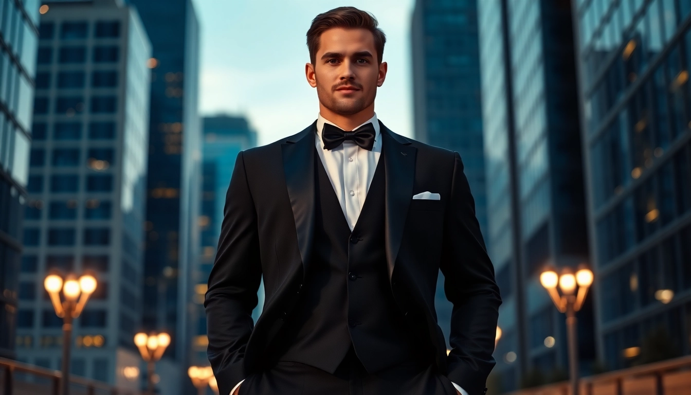 Man showcasing stylish men's black formal attire in a modern urban setting.
