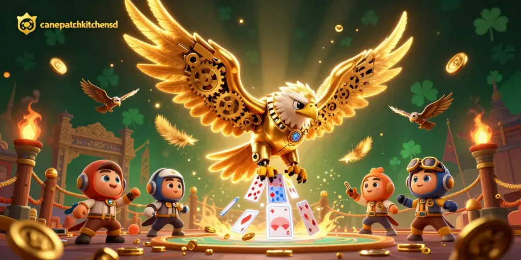 Engage with exciting gameplay at canepatchkitchensd, featuring a thrilling 3D casino scene with golden eagle and cards.