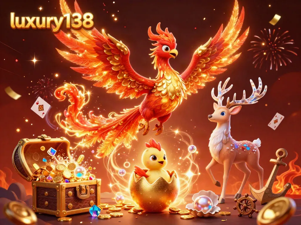 Experience the excitement of luxury138 with a vibrant illustration featuring a fire phoenix and casino elements.
