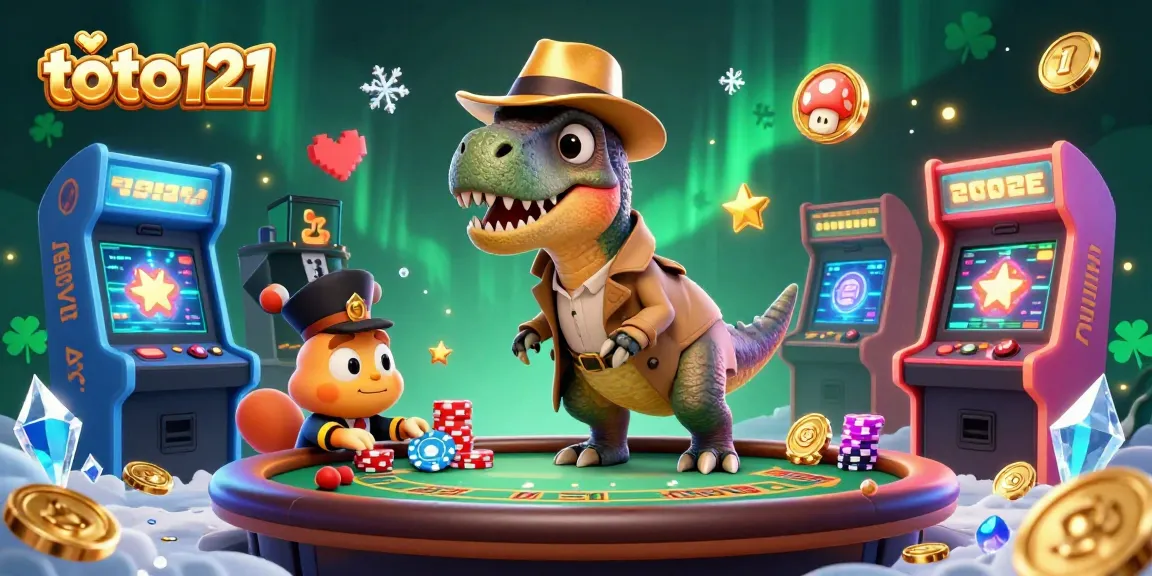 Engage with toto121's vibrant 3D casino scene featuring a velociraptor at a blackjack table, stealth in action.