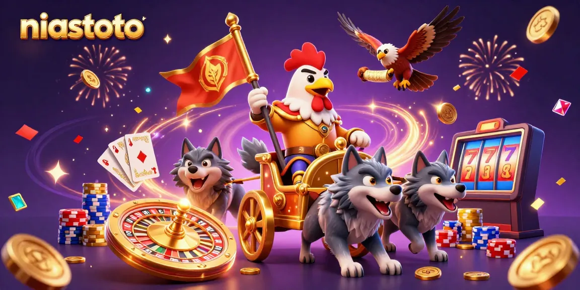 Experience the thrill of niastoto with a dynamic 3D casino scene featuring a rooster warlord and exciting game elements.