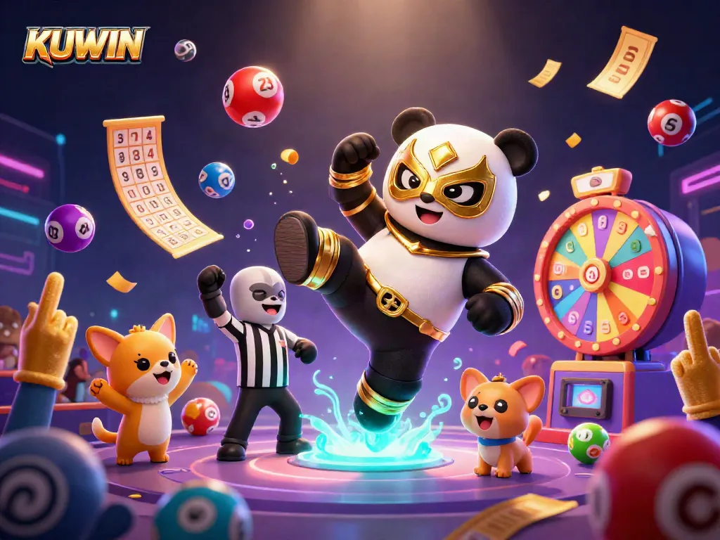 KUWIN enhances the gaming thrill with a colorful 3D illustration of a panda wrestler and excited spectators.