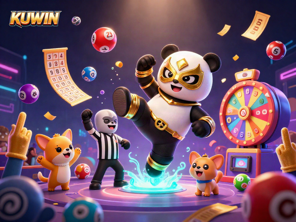 KUWIN enhances the gaming thrill with a colorful 3D illustration of a panda wrestler and excited spectators.