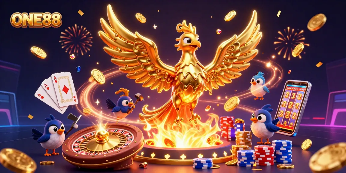 Engage in thrilling wins at ONE88 with a 3D scene showcasing dynamic casino elements.