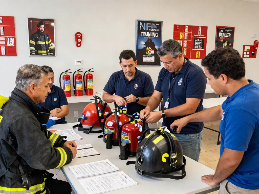 Group engaging in NFPA Certification Training, learning fire safety protocols and techniques in an interactive setting.