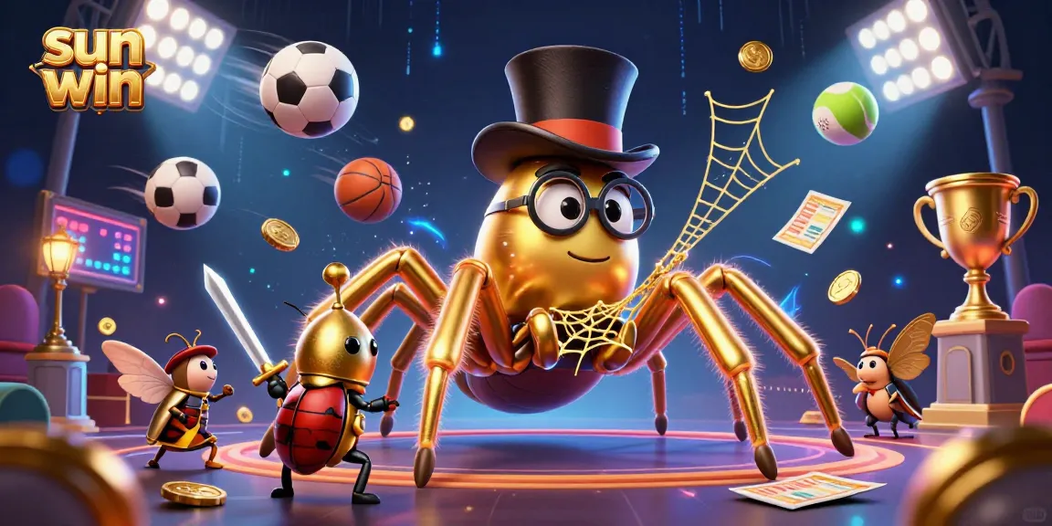 Engage with the sun win animated scene featuring a golden tarantula and beetle knight battling in a vibrant casino.