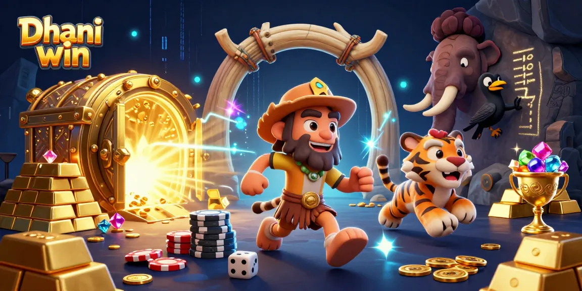 Dive into Dhani win adventures with colorful casino-themed artwork showcasing exciting gambling elements.