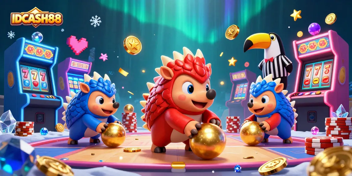 Engage in thrilling gameplay at IDCASH88 featuring rival pangolins in an exciting casino setting.