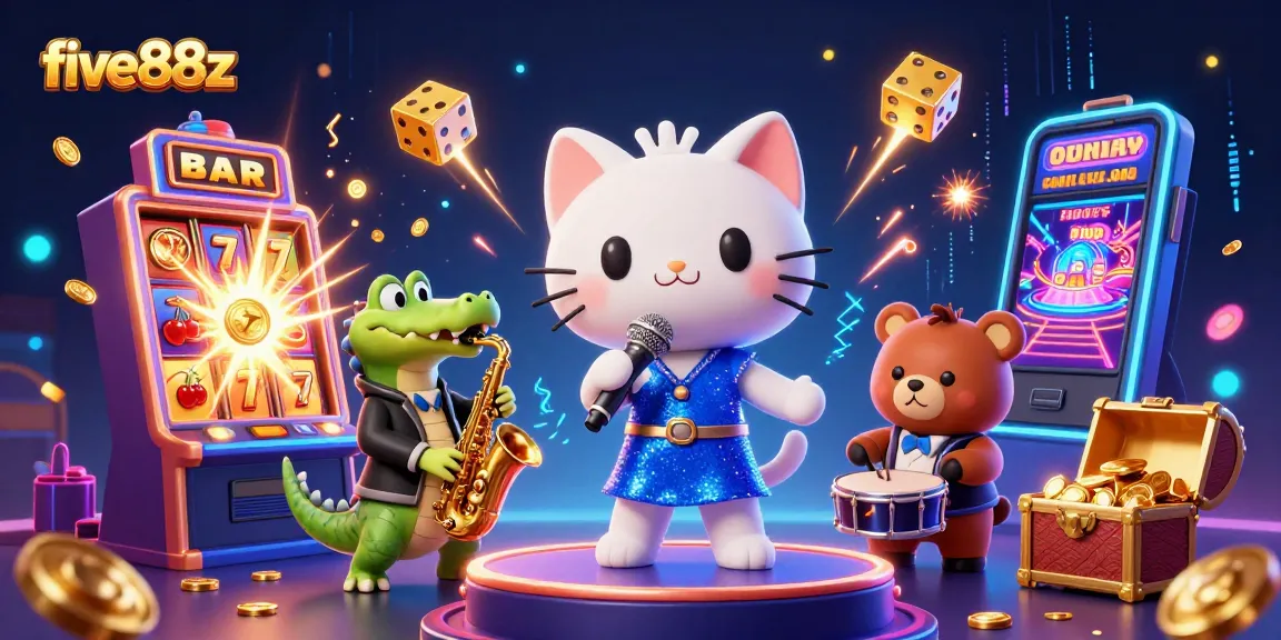 five88z showcasing a lively casino scene with a jazz-singer cat, crocodile saxophonist, and bear drummer entertaining players