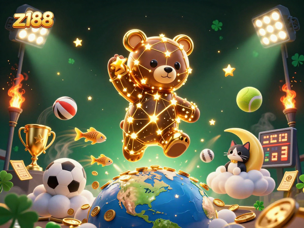 Engage in thrilling betting adventures with z188 as a constellation bear scoops up coins amidst vibrant sports elements.