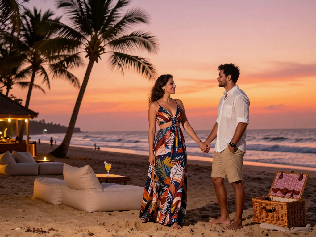 Goa escort enjoying a romantic beach evening with vibrant sunset backdrop
