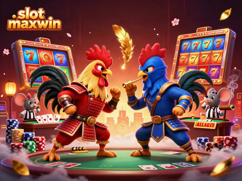 Experience thrilling gameplay with slot maxwin, featuring roosters and gambling elements in a dynamic scene.