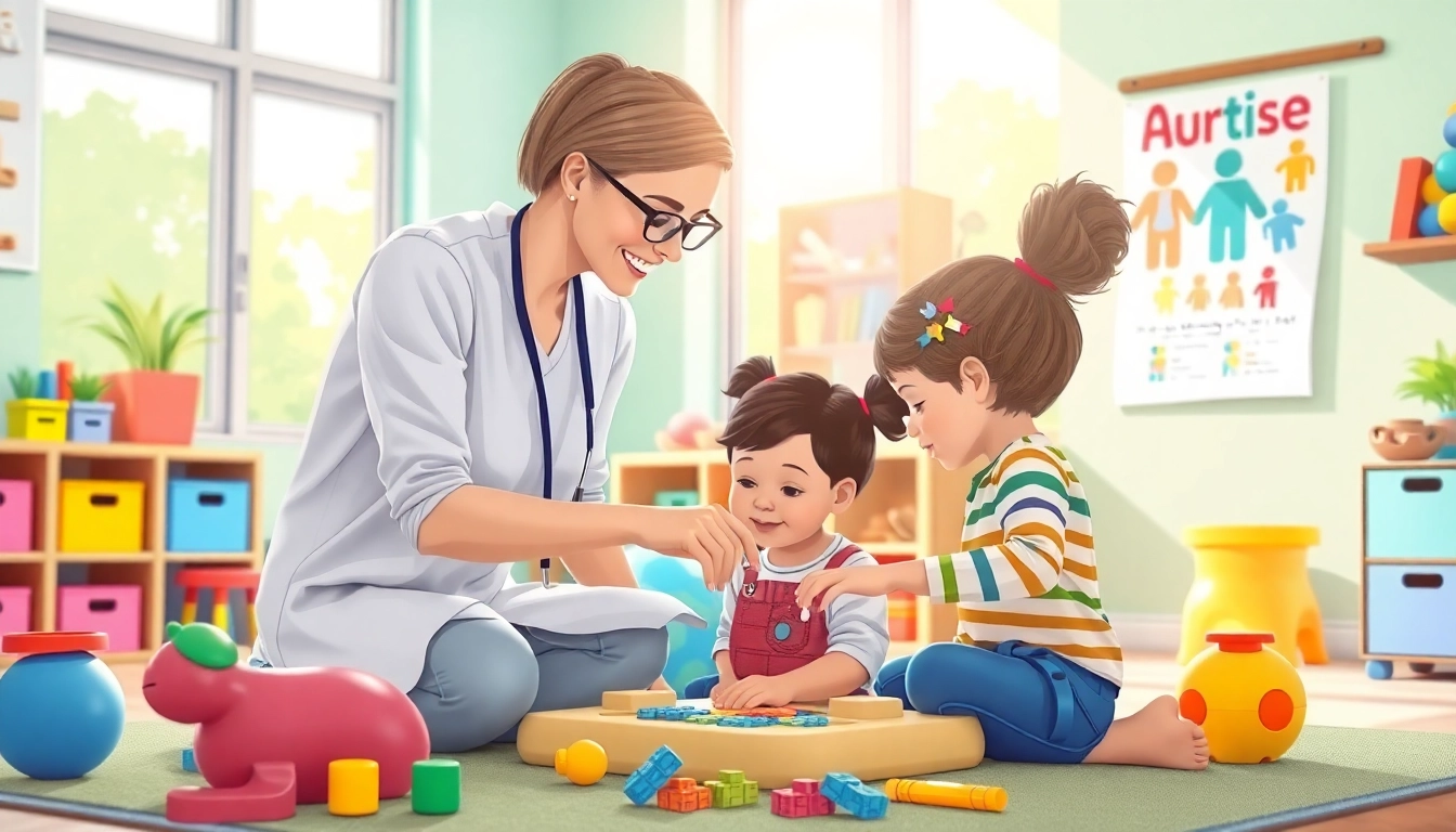 Children and therapist collaborating in Autism Therapy session in a colorful, engaging room.