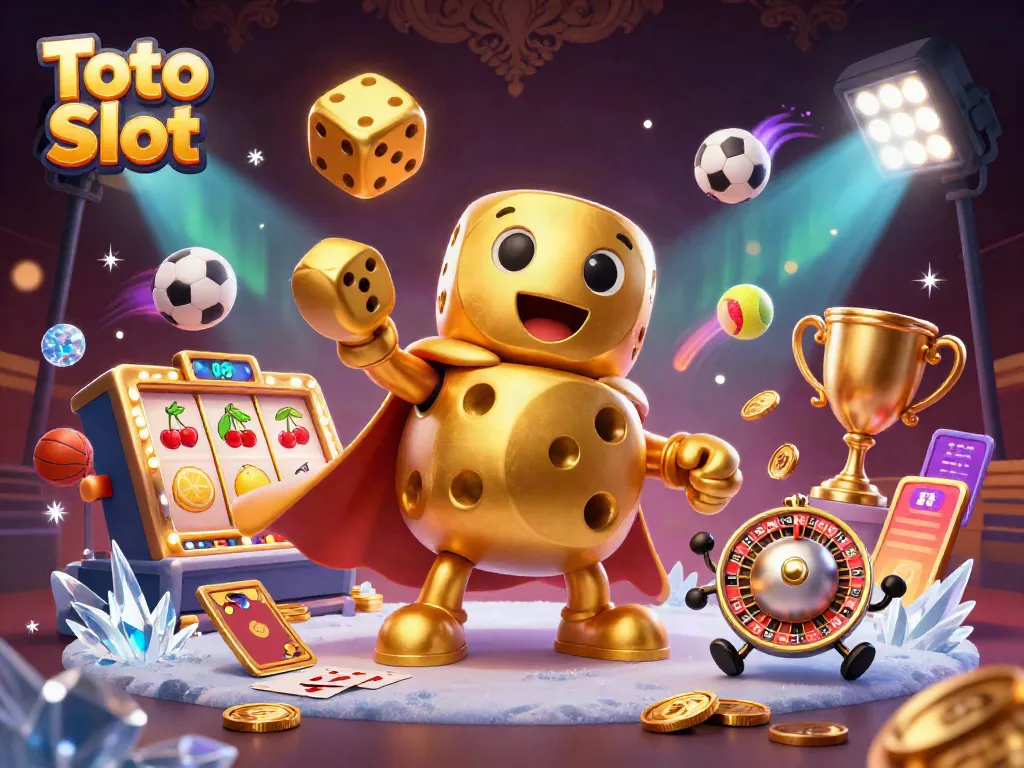 Visualisasi Toto Slot dengan karakter dadu dan elemen mesin slot yang dinamis untuk menarik pemain.