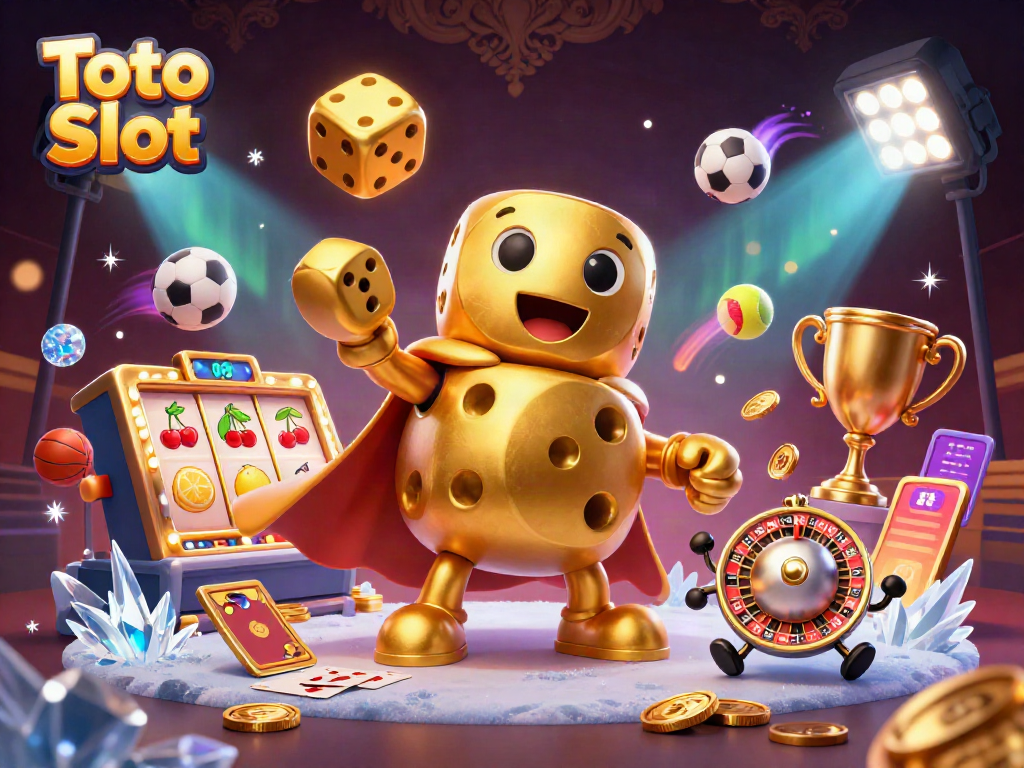 Visualisasi Toto Slot dengan karakter dadu dan elemen mesin slot yang dinamis untuk menarik pemain.