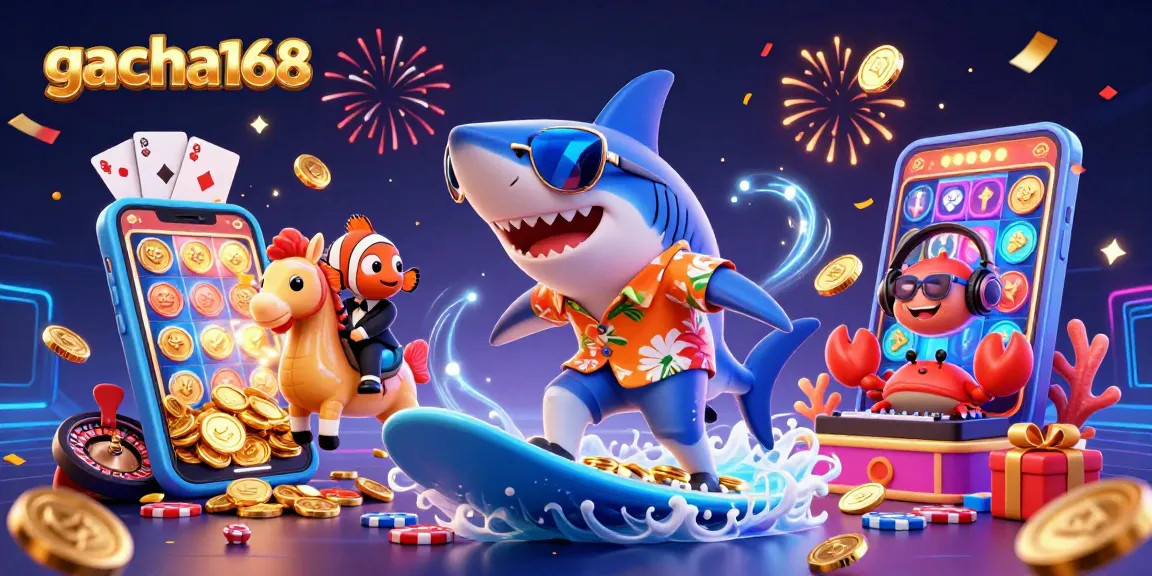 gacha168 showcases high-octane fun with cartoon characters immersed in vibrant casino action