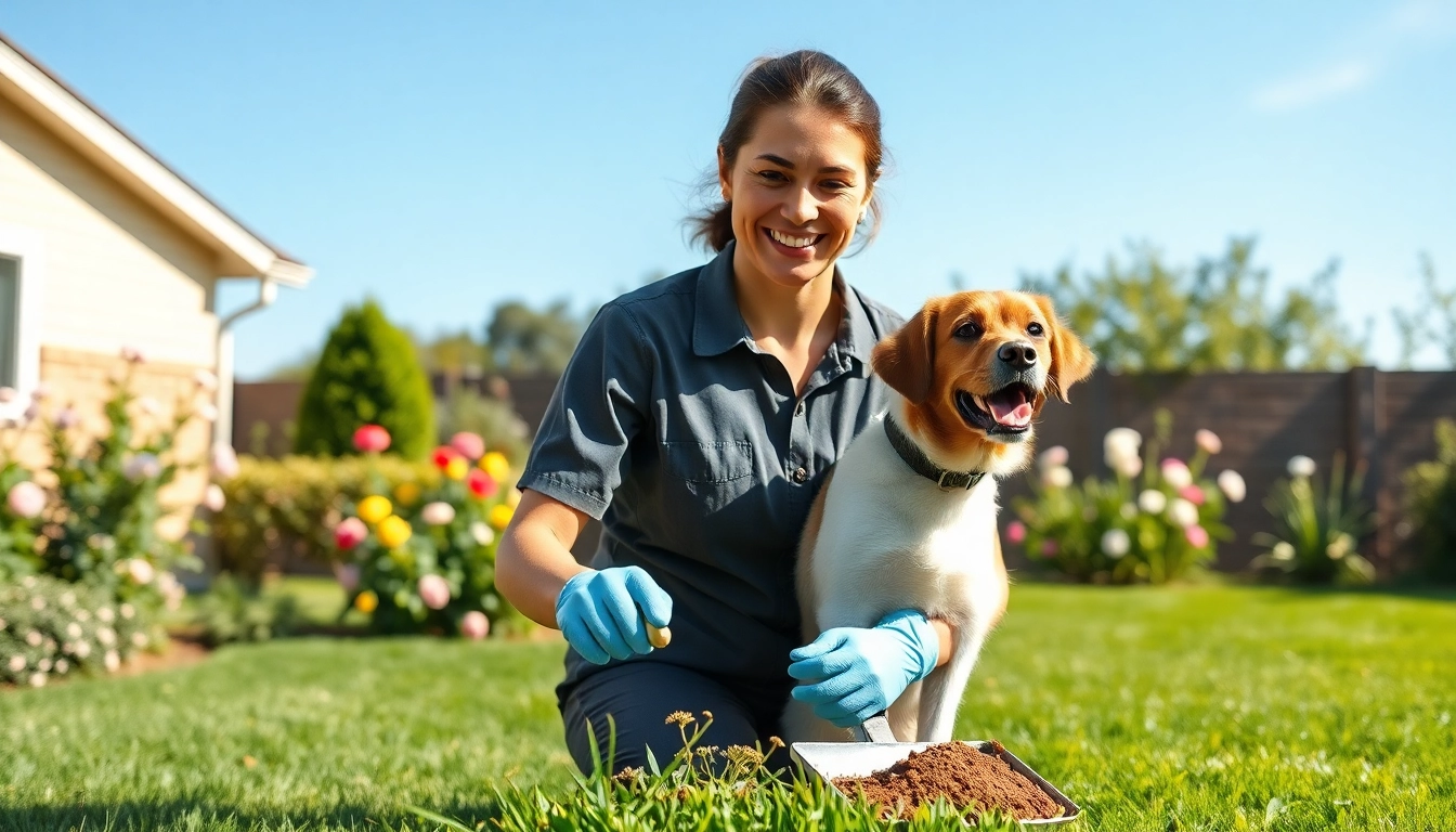 Providing dog waste removal services with a friendly technician in a clean yard.