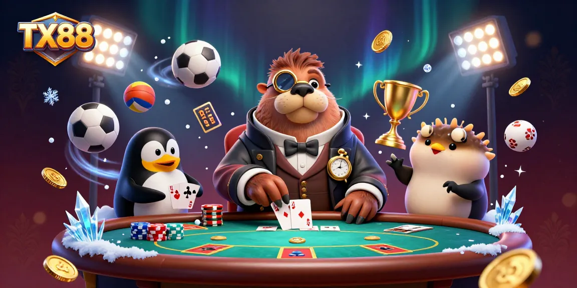 Experience poker excitement with TX88's unique underwater casino scene featuring playful characters.