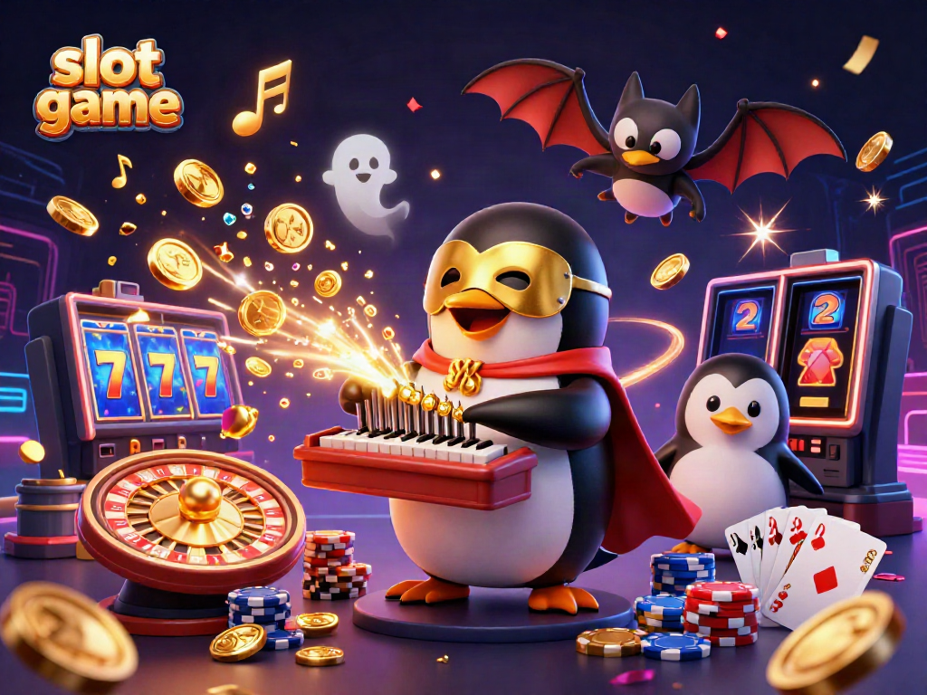 Slot game menampilkan penguin opera bermain organ, koin emas, dan karakter kasino lainnya.