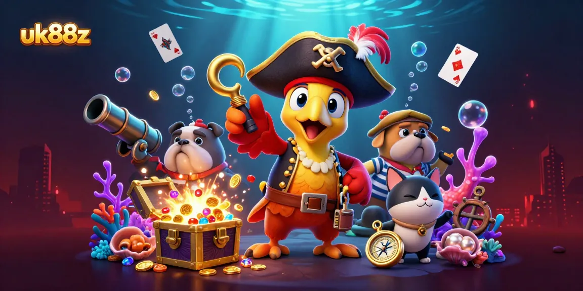 uk88z pirates orchestrating a treasure hunt in an ultra-detailed 3D casino adventure scene