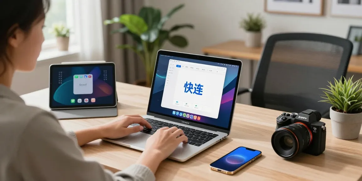 使用快连的高效互联网连接，现代家居办公室场景，体现流畅的工作体验。