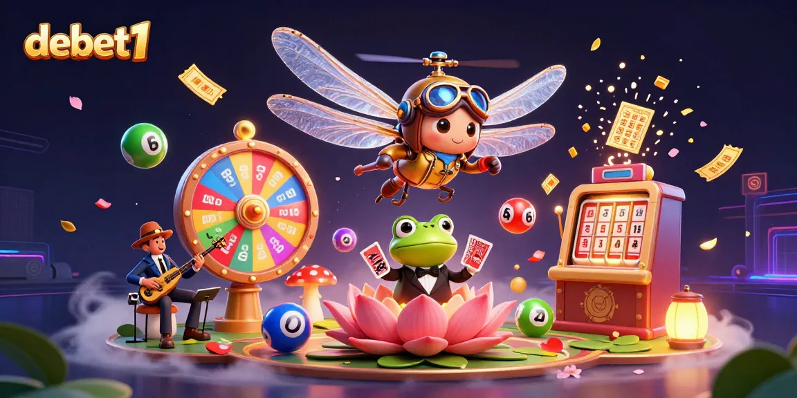 Experience vibrant gaming with debet1's exciting scene featuring colorful lottery elements and lively characters.
