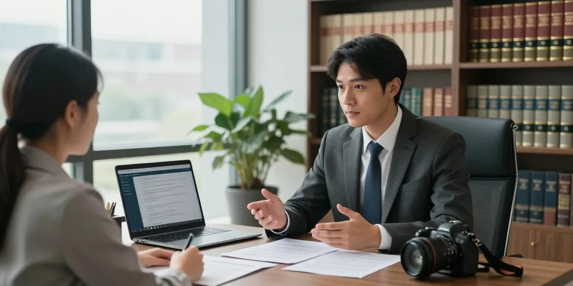 Lawyer discussing legal news with client in modern office setting