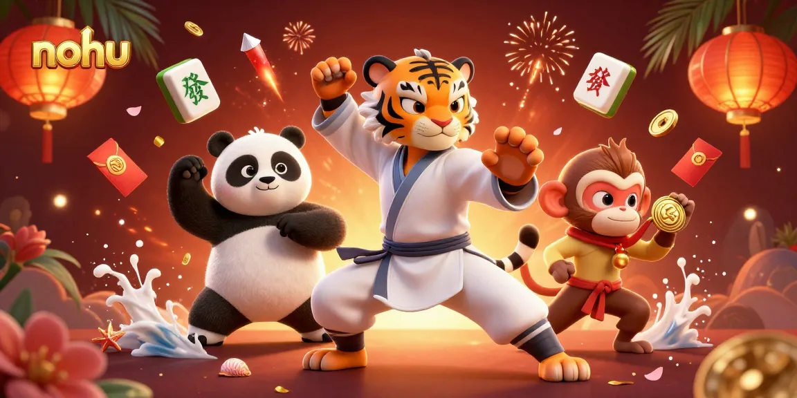 Nohu showcases a vibrant casino-themed illustration featuring a kung fu tiger master and playful panda in action.