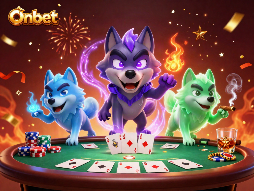Onbet showcases action at a poker table with vibrant ghostly wolves and a dynamic casino atmosphere.